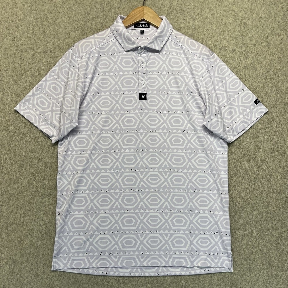 Bad Birdie Mens Golf Polo‎ Shirt Gray White Geometric Performance Stretch Size M